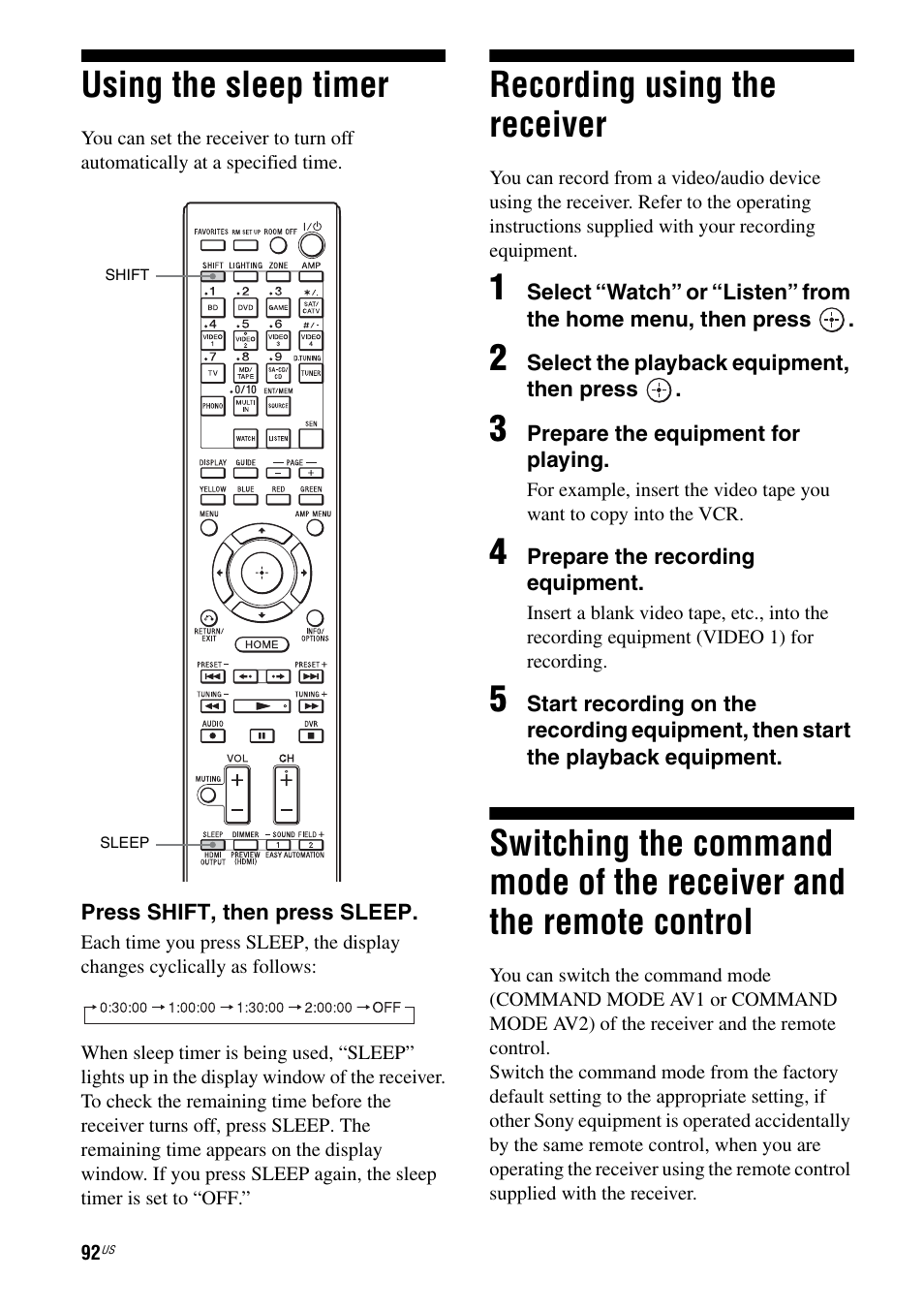 Using the sleep timer, Recording using the receiver, And the remote control | Sony STR-DA5800ES User Manual | Page 92 / 147