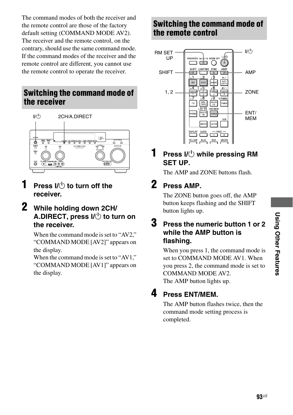 Switching the command mode of the receiver, Switching the command mode of the remote control | Sony STR-DA5800ES User Manual | Page 93 / 147