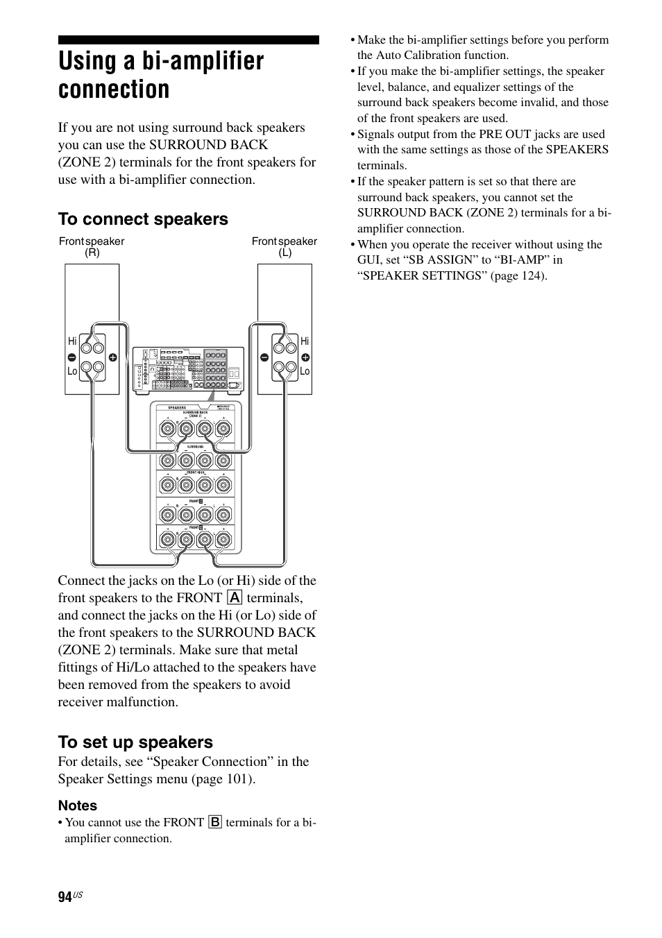 Using a bi-amplifier connection | Sony STR-DA5800ES User Manual | Page 94 / 147