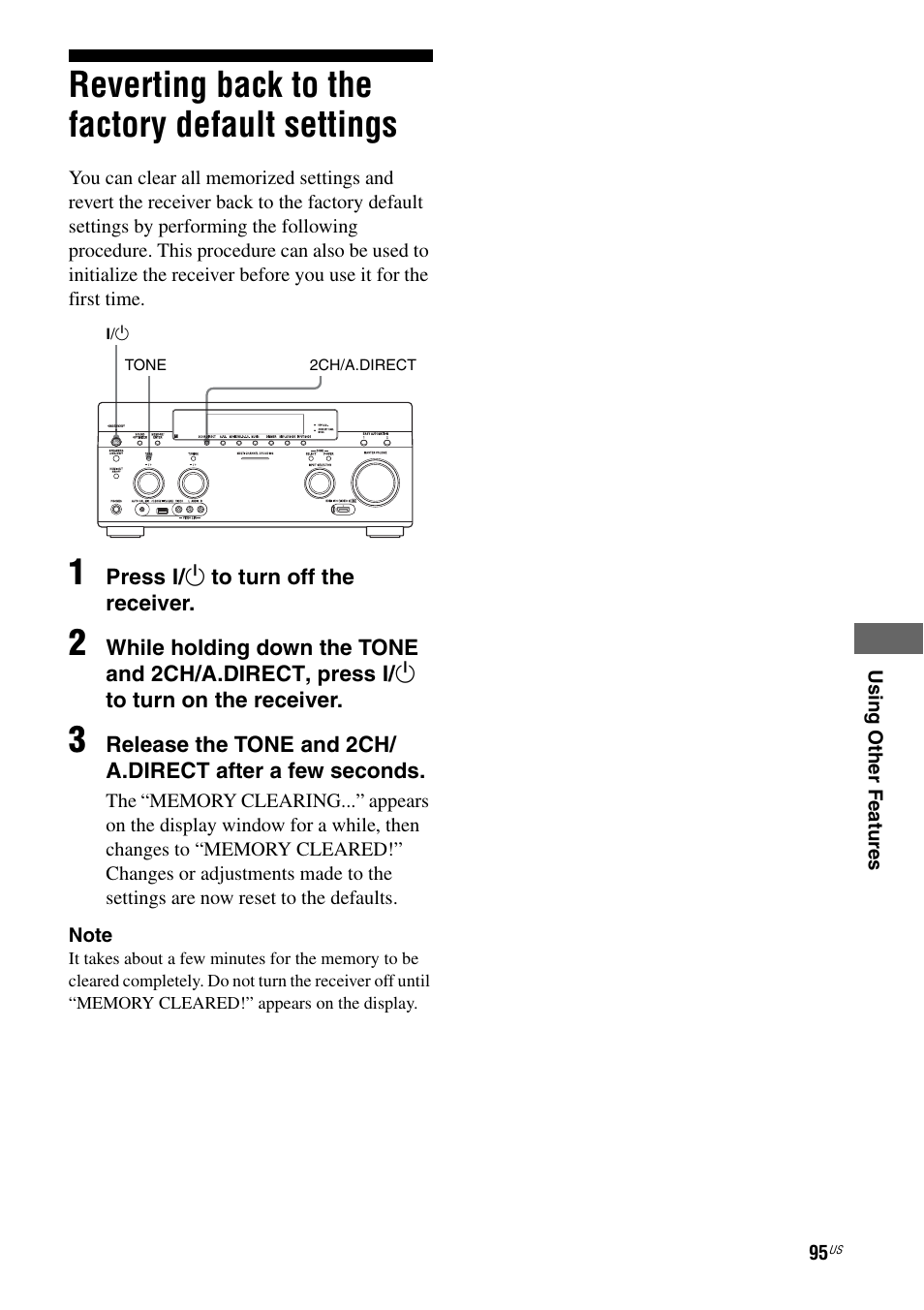 Reverting back to the factory default settings, Reverting back to the factory default, Settings | Sony STR-DA5800ES User Manual | Page 95 / 147