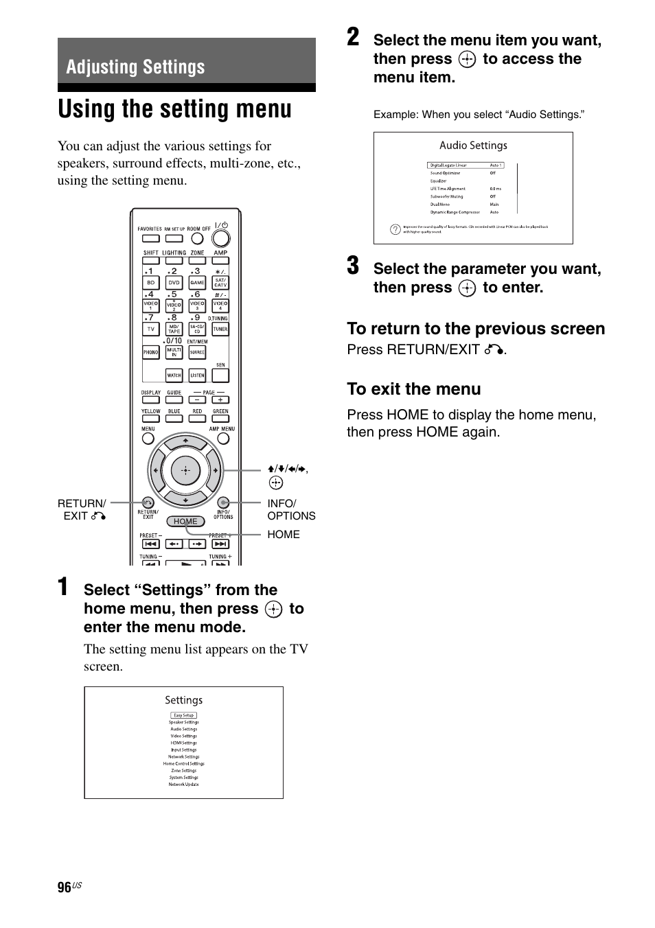 Adjusting settings, Using the setting menu | Sony STR-DA5800ES User Manual | Page 96 / 147