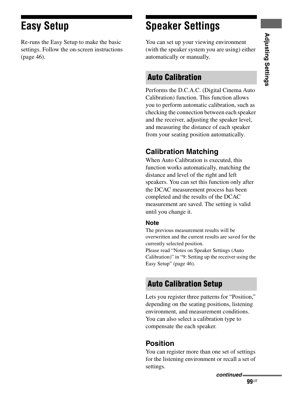 Easy setup, Speaker settings, Easy setup speaker settings | Auto calibration auto calibration setup | Sony STR-DA5800ES User Manual | Page 99 / 147