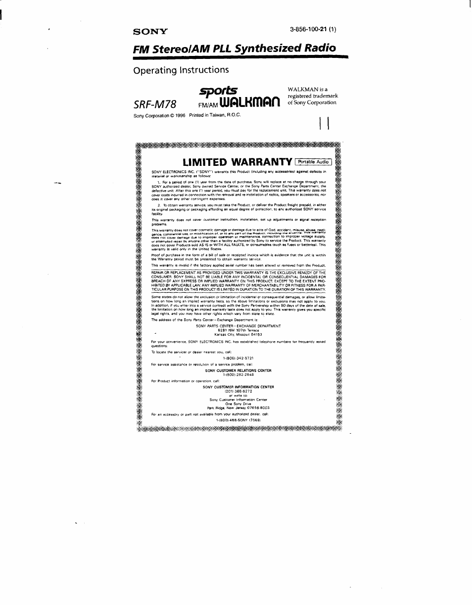Sony SRF-M78 User Manual | 6 pages