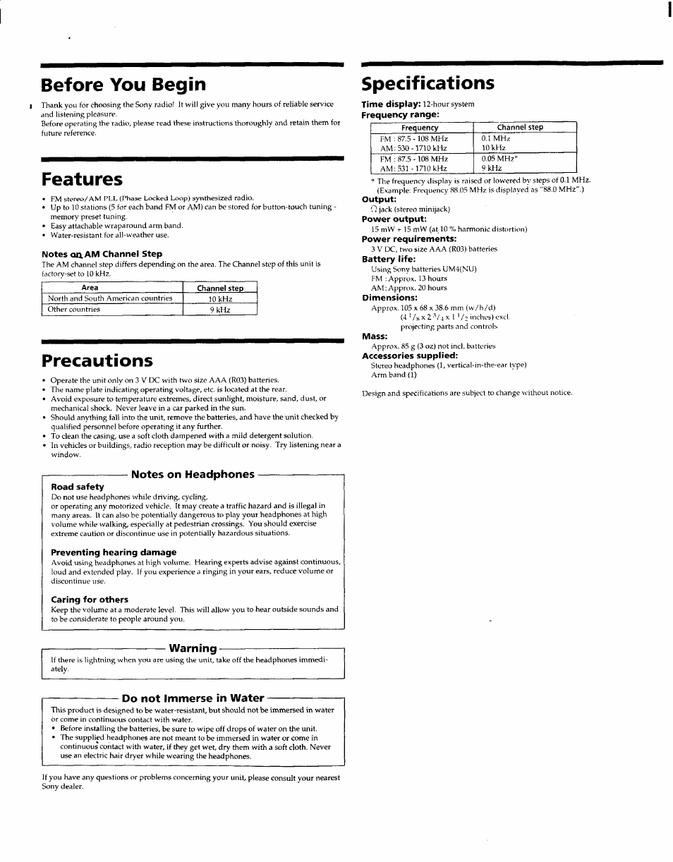 Before you begin, Features, Precautions | Specifications, Warning, Do not immerse in water | Sony SRF-M78 User Manual | Page 2 / 6