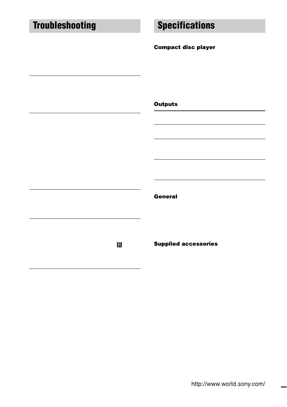 Troubleshooting, Specifications | Sony CDP-CE575 User Manual | Page 24 / 24