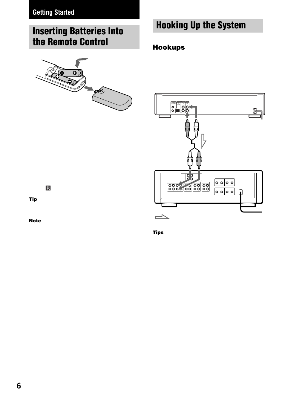 Inserting batteries into the remote control, Hooking up the system, Getting started | Hookups | Sony CDP-CE575 User Manual | Page 6 / 24