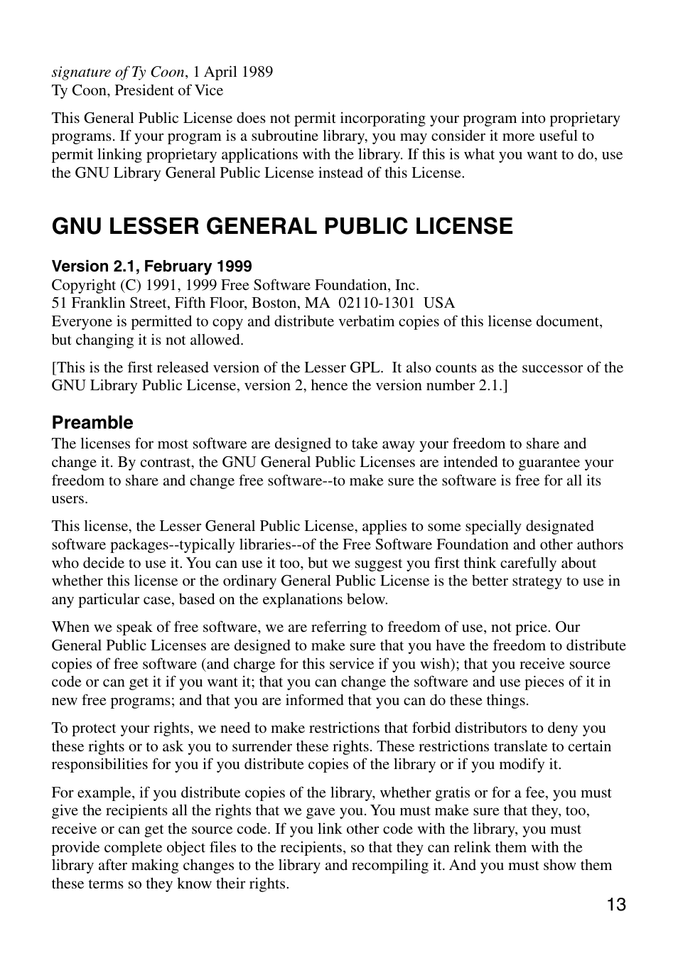Gnu lesser general public license | Sony COM-1 User Manual | Page 13 / 24