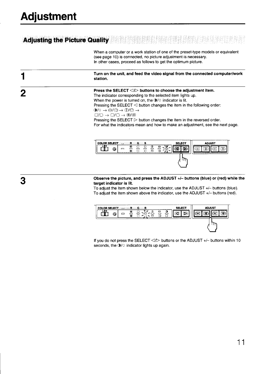 Adjustment, Adjusting the picture quality | Sony GDM-2038 User Manual | Page 11 / 20