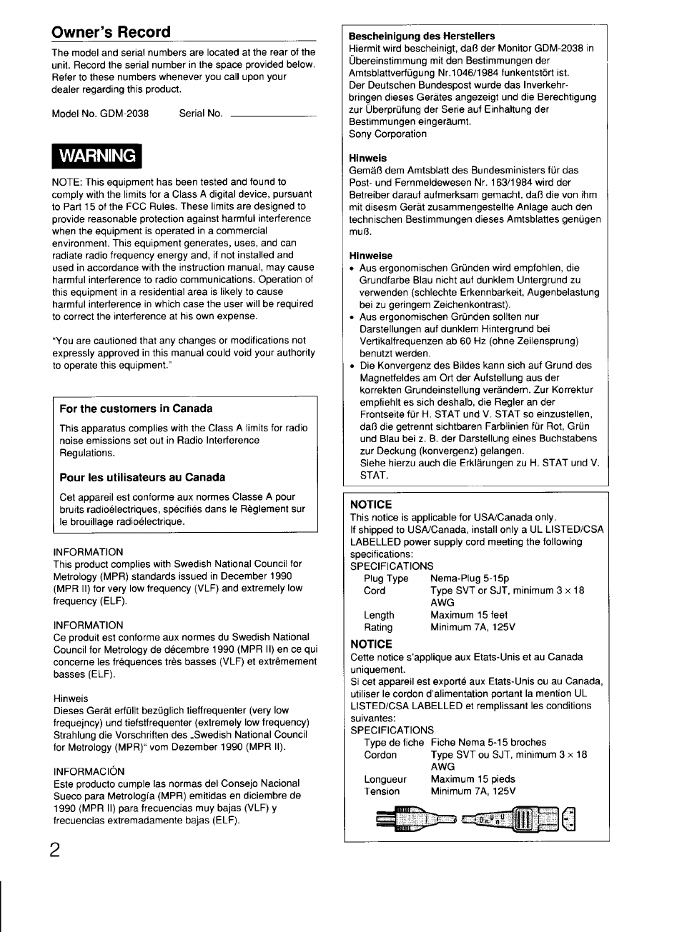 Owner’s record, Warning, For the customers in canada | Pour les utilisateurs au canada, Notice | Sony GDM-2038 User Manual | Page 2 / 20