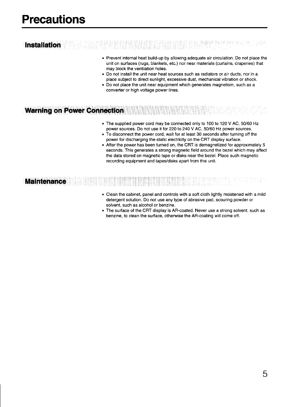 Precautions, Warning on power connection, Maintenance | Ifislallitlon, Warning on power connection maintenance | Sony GDM-2038 User Manual | Page 5 / 20