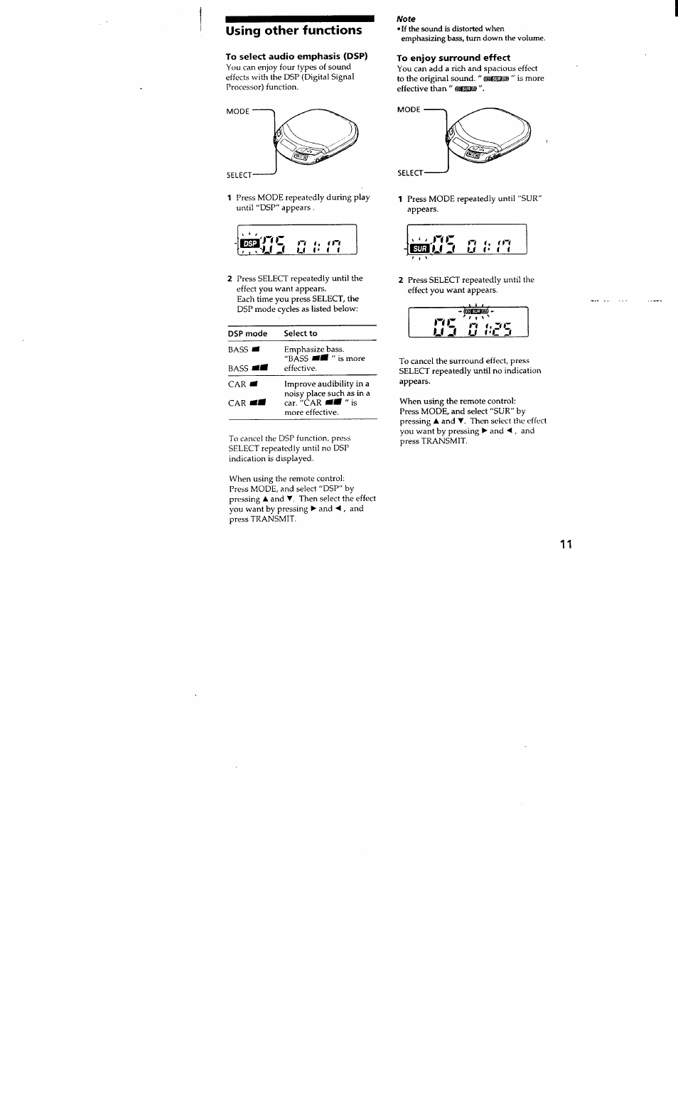 Using other functions, To select audio emphasis (dsp), To enjoy surround effect | Sony D-848K User Manual | Page 10 / 23