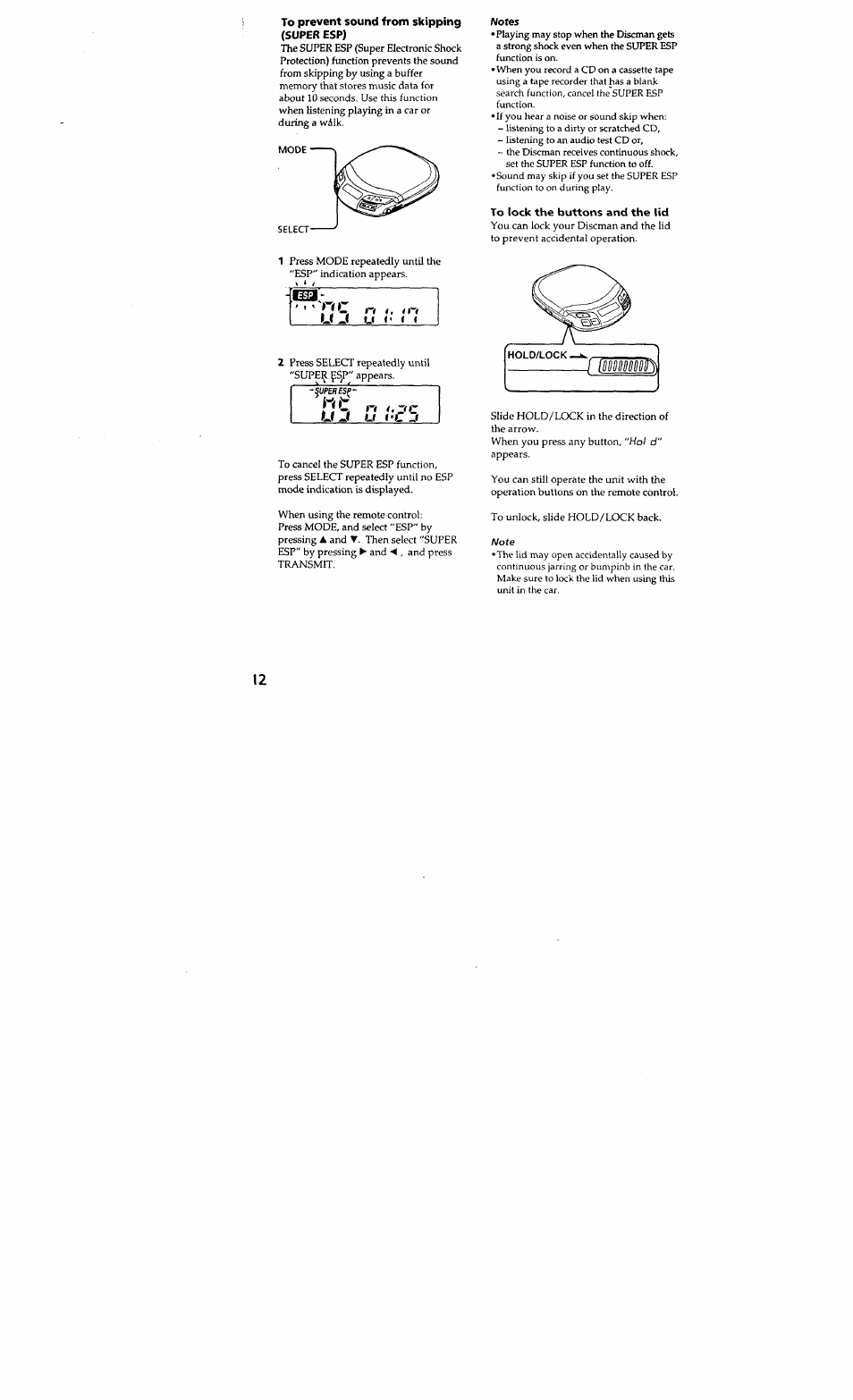 To prevent sound from skipping (super esp), To lock the buttons and the lid | Sony D-848K User Manual | Page 11 / 23