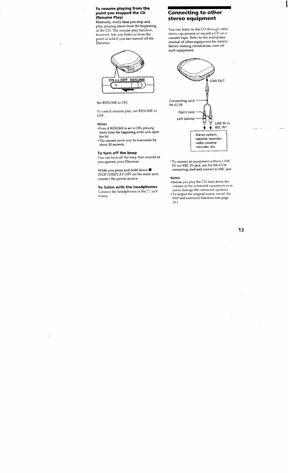 To turn off the beep, To listen with the headphones, Connecting to other stereo equipment | Sony D-848K User Manual | Page 12 / 23