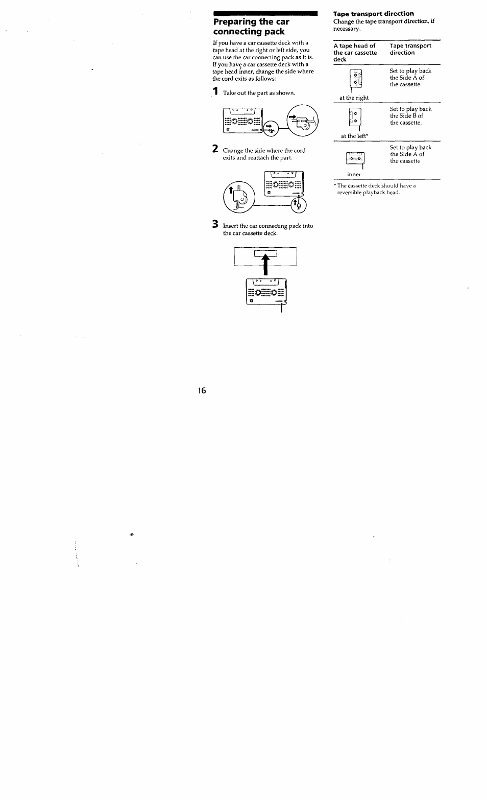 Preparing the car connecting pack, Tape transport direction | Sony D-848K User Manual | Page 15 / 23