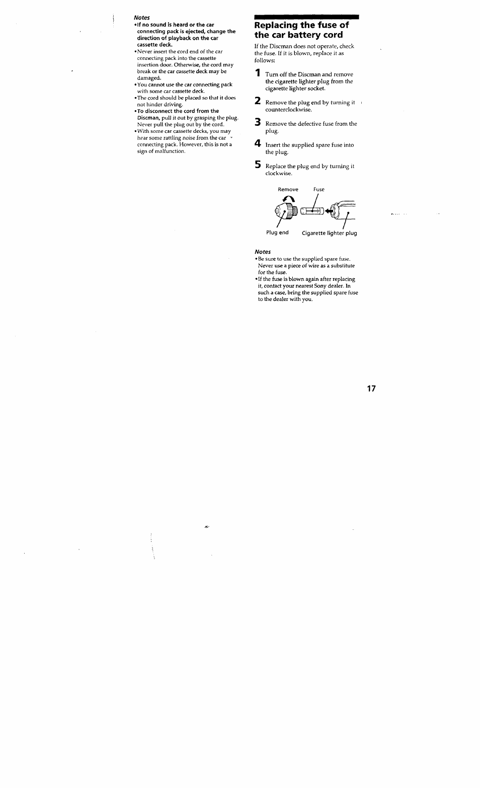 Replacing the fuse of the car battery cord | Sony D-848K User Manual | Page 16 / 23