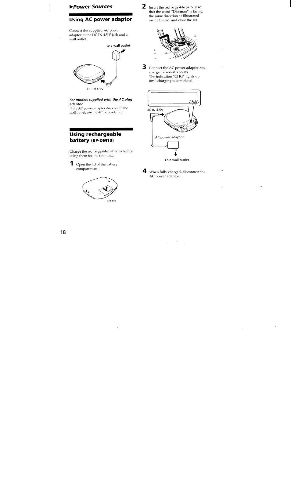 Power sources, Using ac power adaptor, Using rechargeable battery (bp-dm10) | Using rechargeable battery (bp-dmio), Power sources using ac power adaptor, Using rechargeable battery | Sony D-848K User Manual | Page 17 / 23