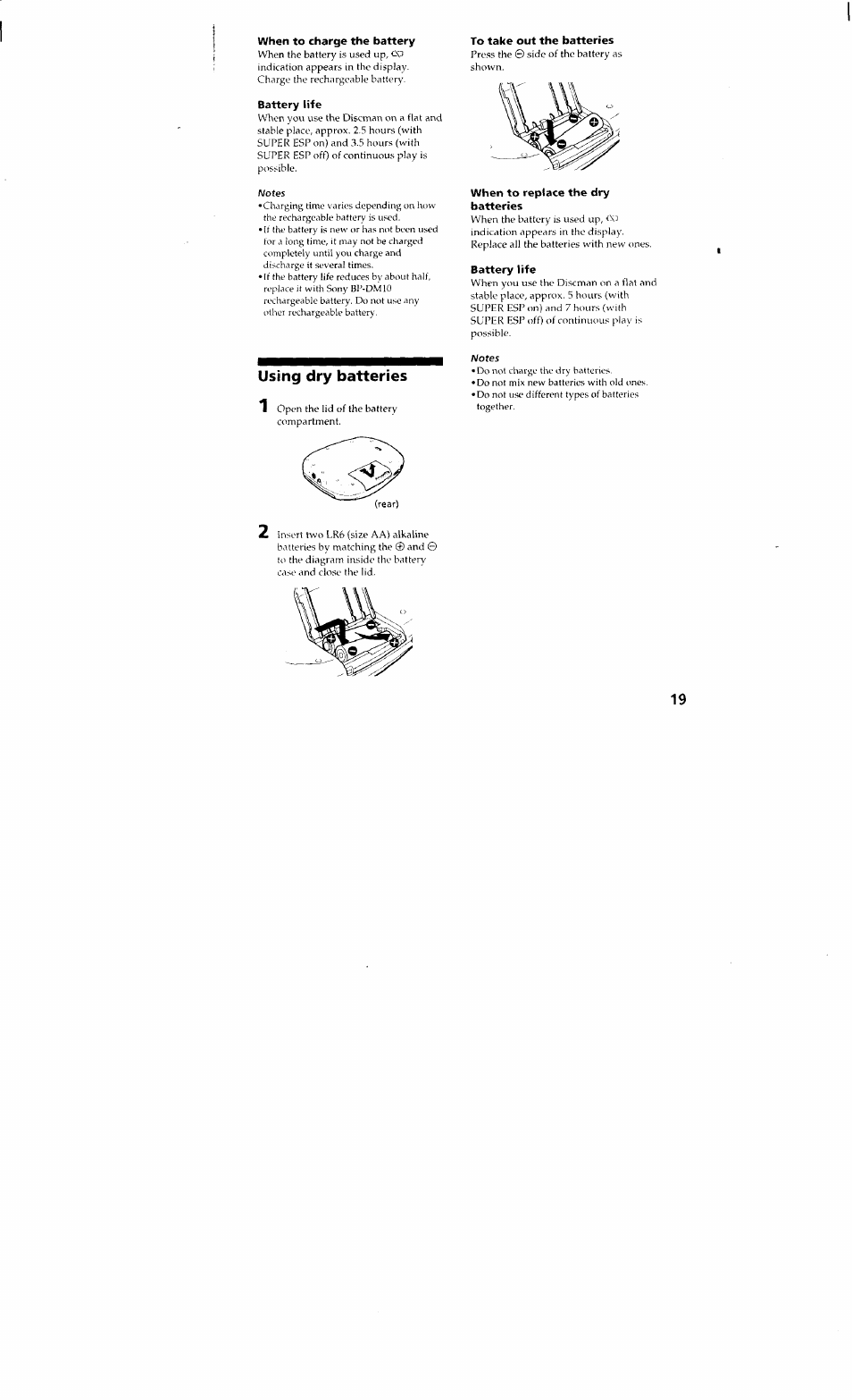 When to charge the battery, Battery life, Using dry batteries | To take out the batteries, When to replace the dry batteries | Sony D-848K User Manual | Page 18 / 23