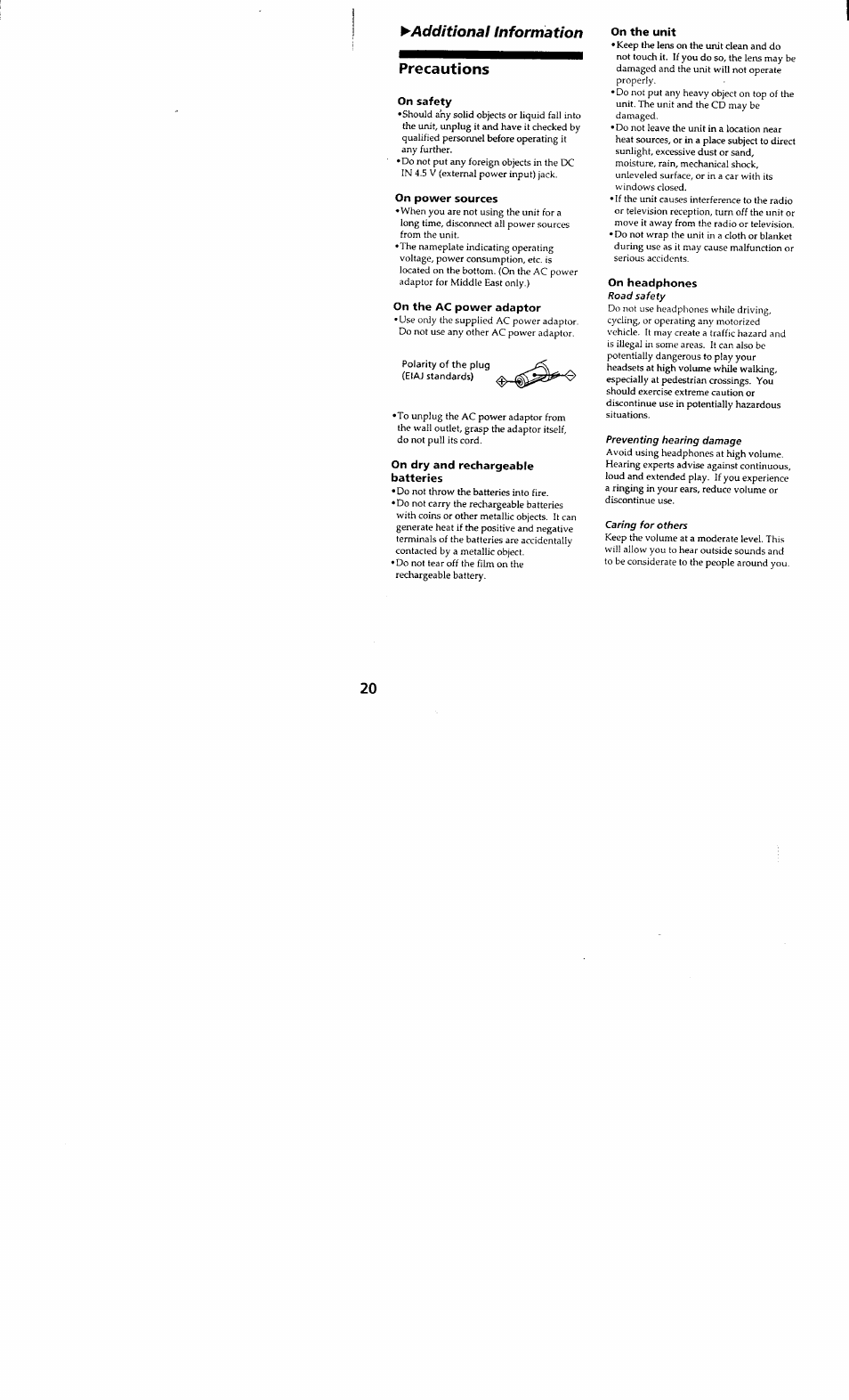 Precautions, On safety, On power sources | On the ac power adaptor, On dry and rechargeable batteries, On the unit, On headphones, Additional information precautions | Sony D-848K User Manual | Page 19 / 23