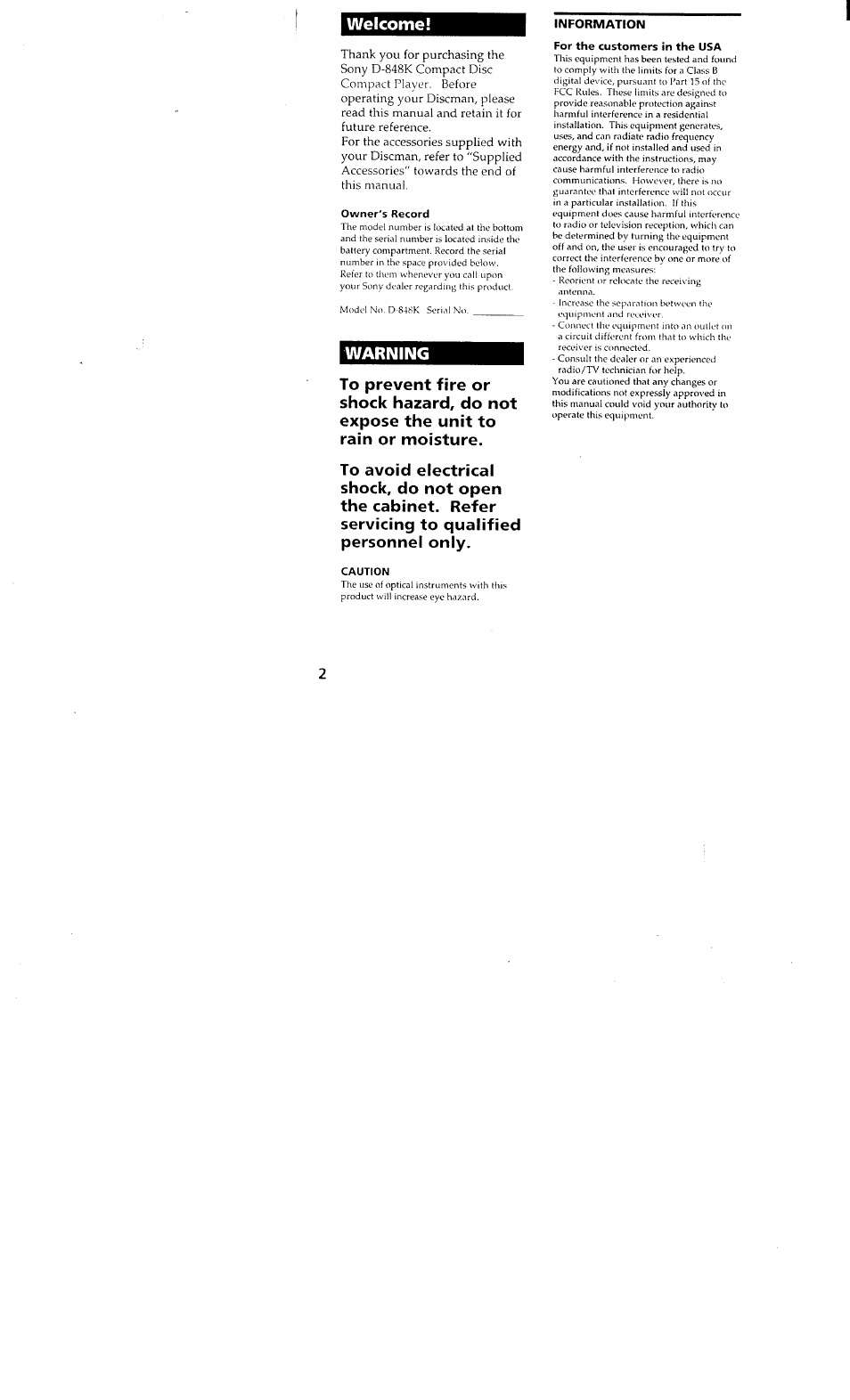 Owner's record, For the customers in the usa, Caution | Welcome, Warning | Sony D-848K User Manual | Page 2 / 23
