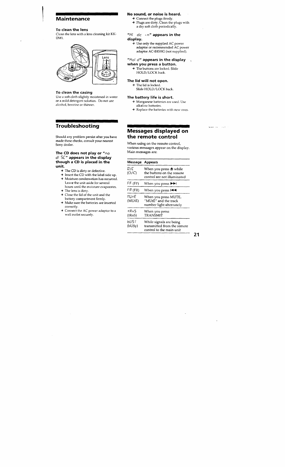 Maintenance, T roubleshooting, Messages displayed on the remote control | Troubleshooting | Sony D-848K User Manual | Page 20 / 23