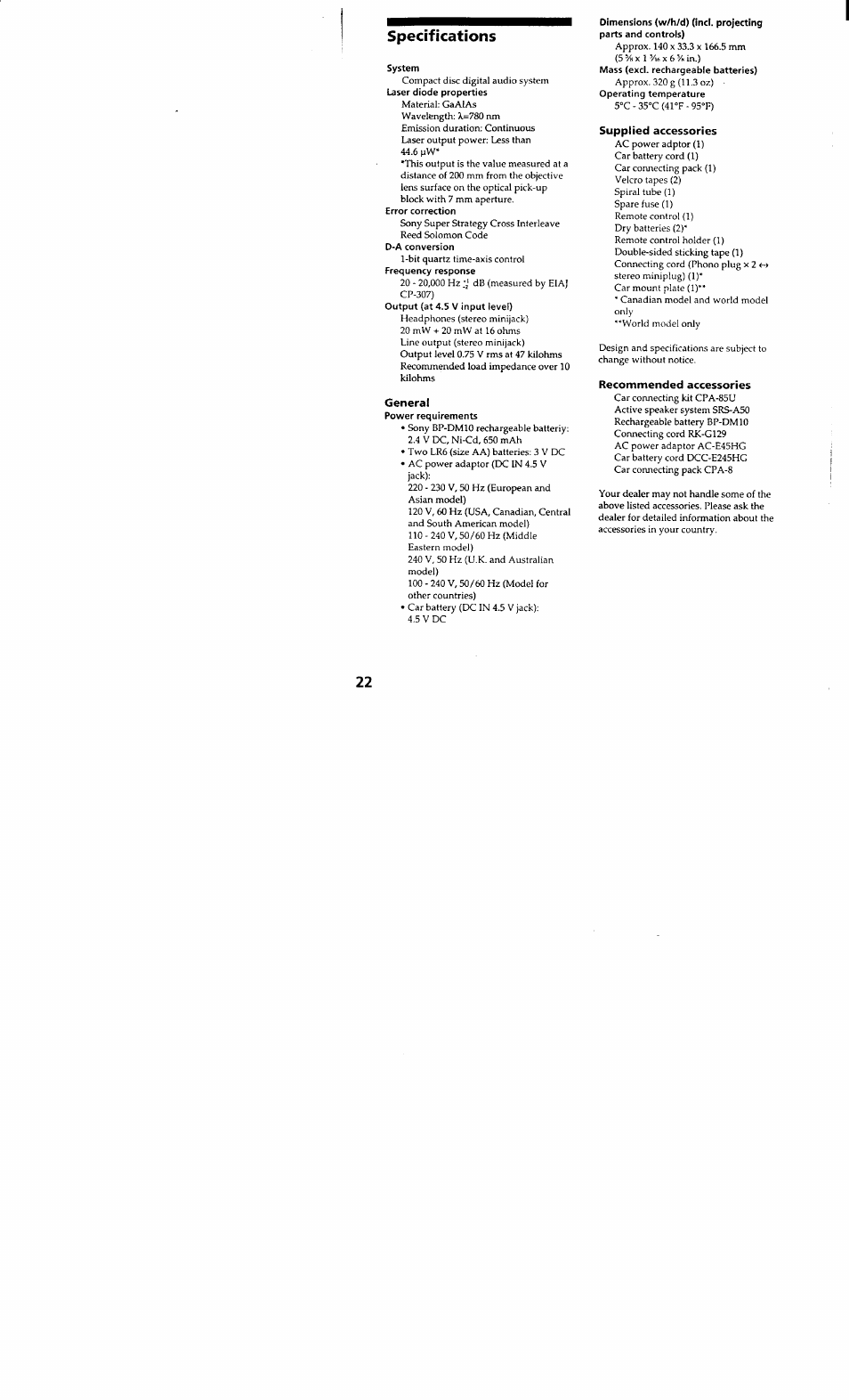 Specifications, General, Supplied accessories | Recommended accessories | Sony D-848K User Manual | Page 21 / 23
