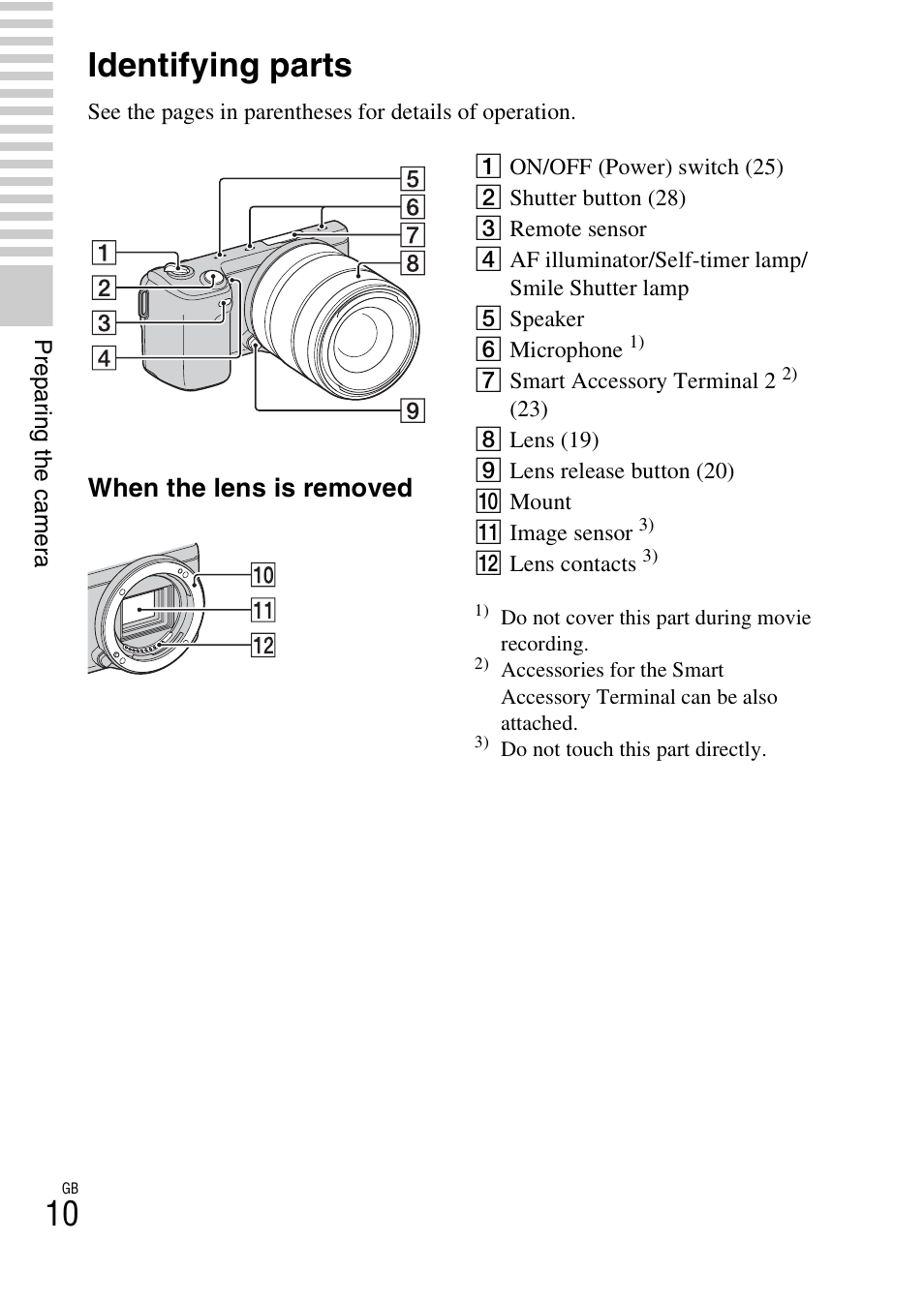 Identifying parts, When the lens is removed | Sony NEX-5NK User Manual | Page 10 / 94