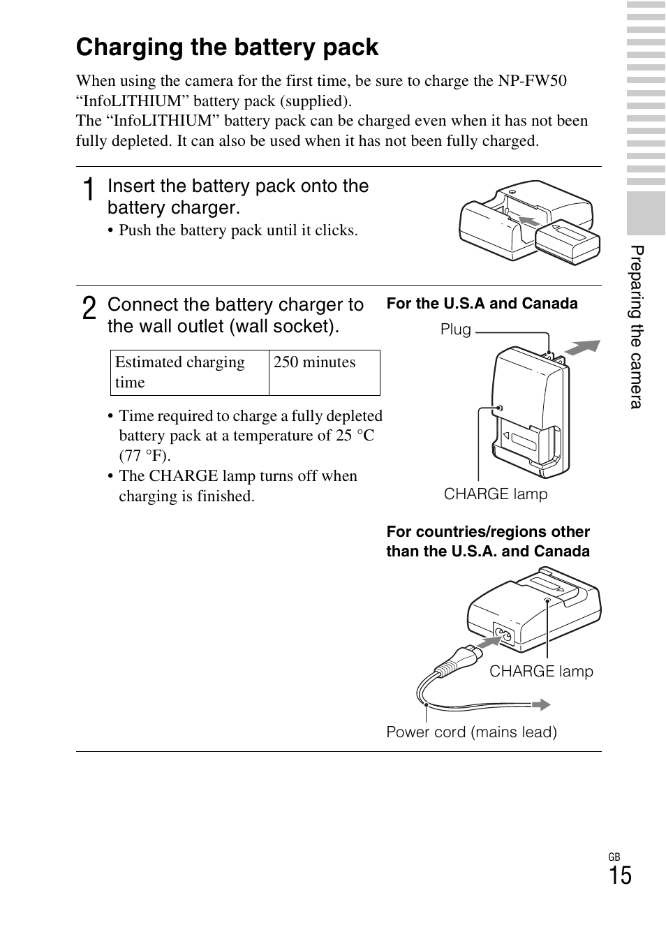 Charging the battery pack | Sony NEX-5NK User Manual | Page 15 / 94