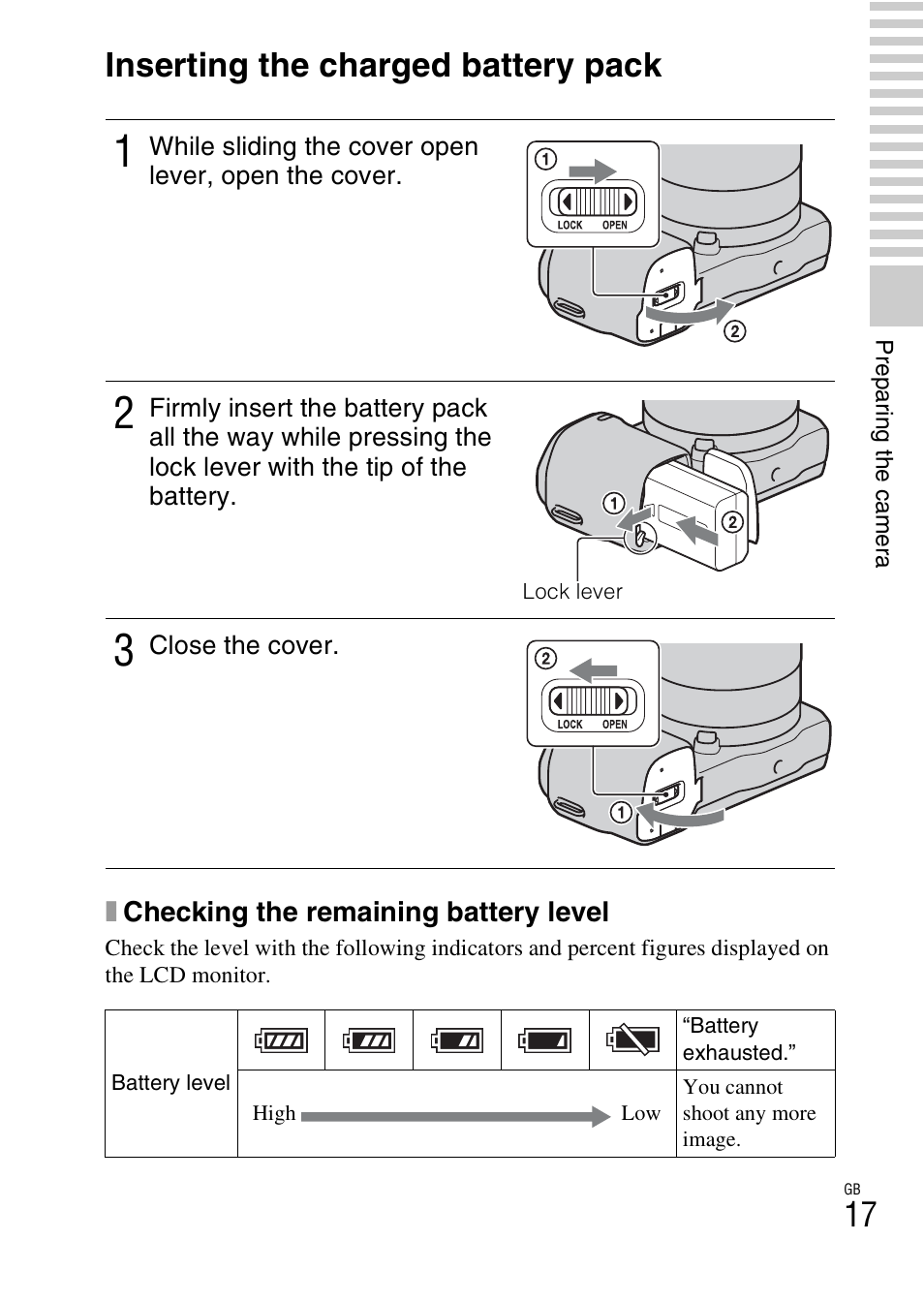 Inserting the charged battery pack | Sony NEX-5NK User Manual | Page 17 / 94