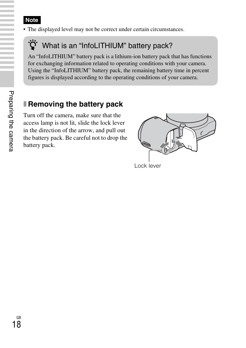 Xremoving the battery pack, What is an “infolithium” battery pack | Sony NEX-5NK User Manual | Page 18 / 94