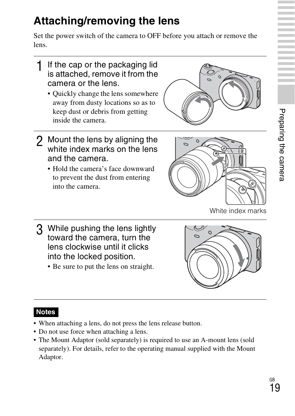 Attaching/removing the lens | Sony NEX-5NK User Manual | Page 19 / 94