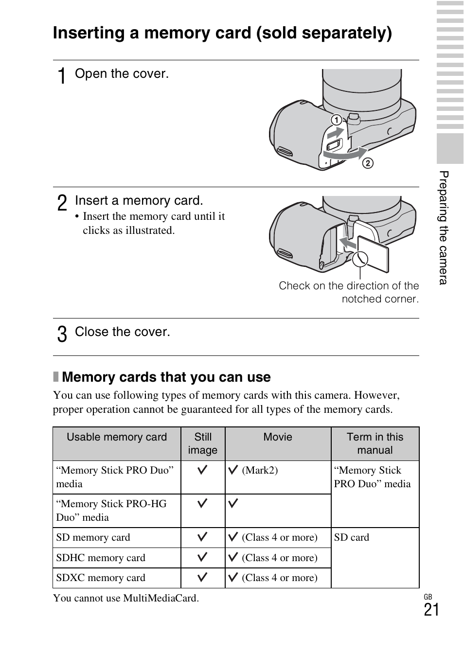 Inserting a memory card (sold separately) | Sony NEX-5NK User Manual | Page 21 / 94