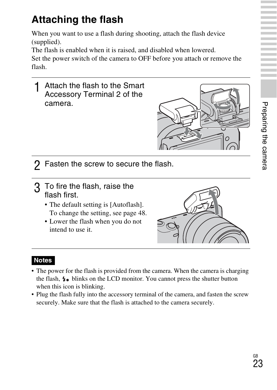 Attaching the flash | Sony NEX-5NK User Manual | Page 23 / 94