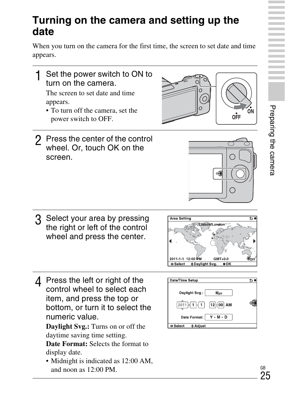 Turning on the camera and setting up the date | Sony NEX-5NK User Manual | Page 25 / 94