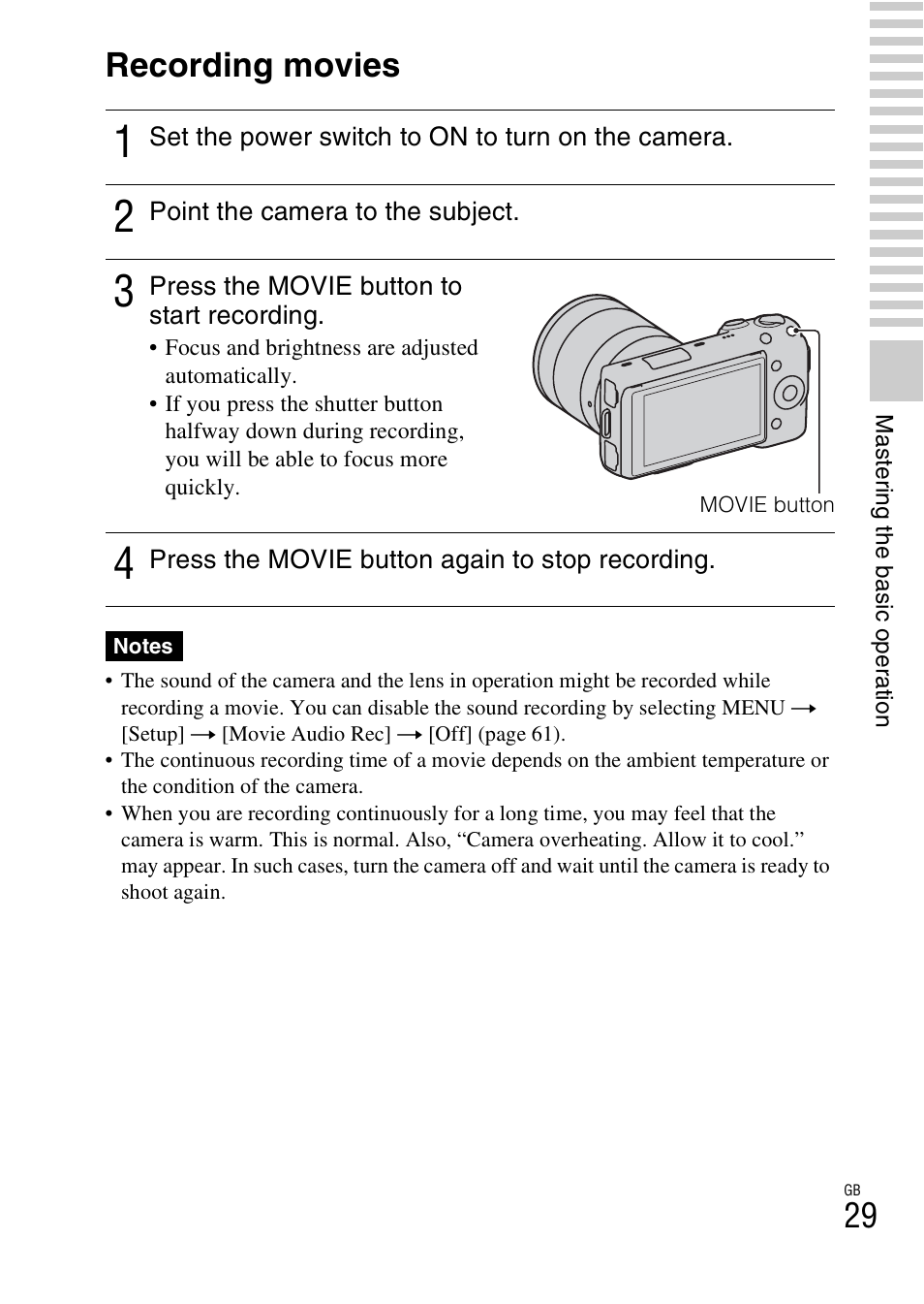 Recording movies | Sony NEX-5NK User Manual | Page 29 / 94