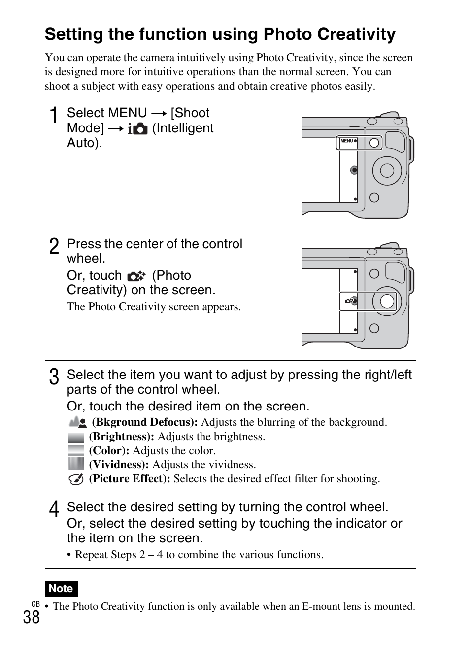 Using the recording functions, Setting the function using photo creativity, Using the recording | Functions | Sony NEX-5NK User Manual | Page 38 / 94