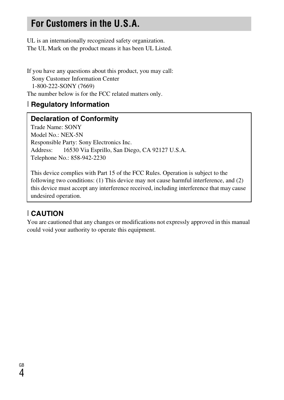 For customers in the u.s.a | Sony NEX-5NK User Manual | Page 4 / 94