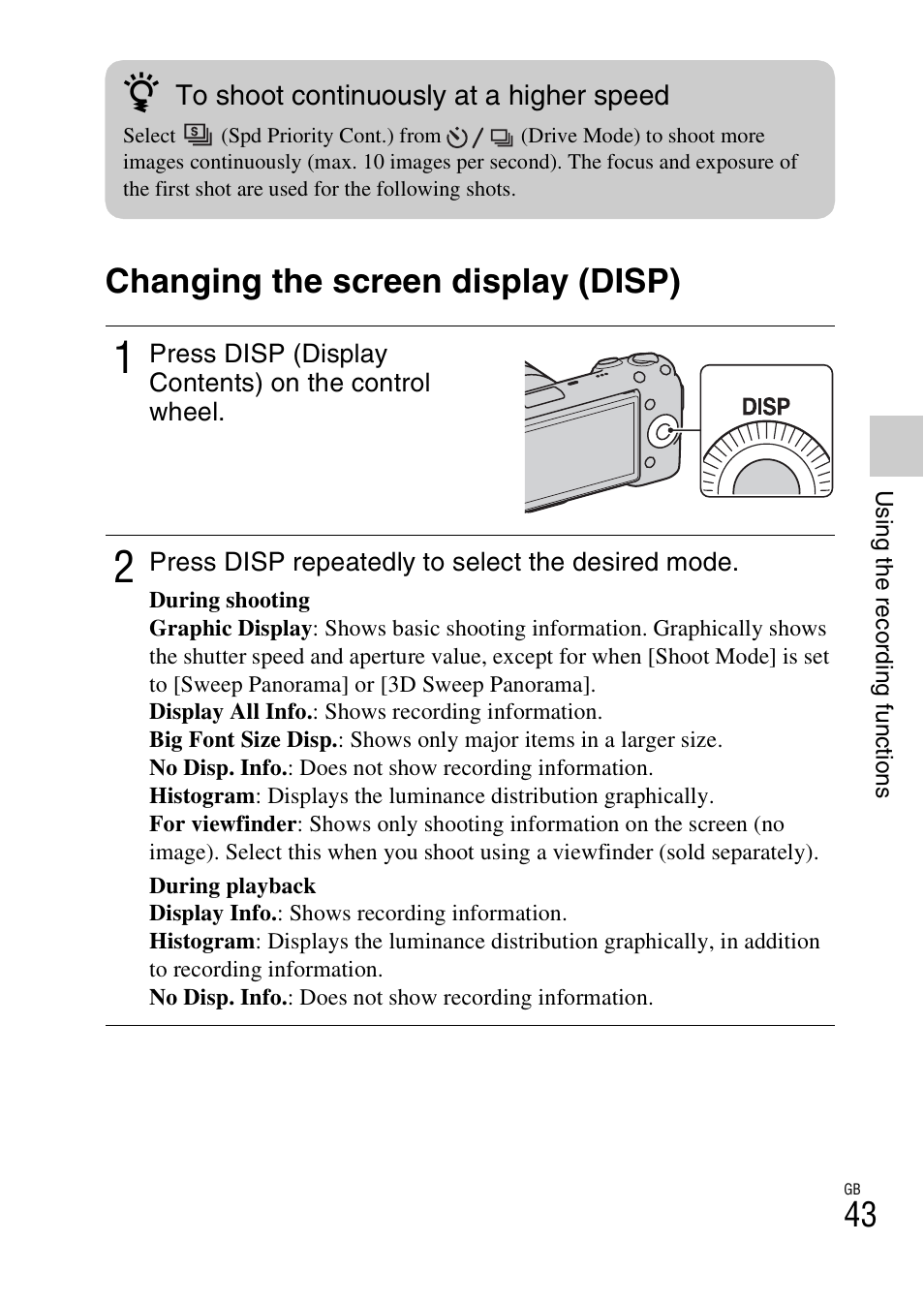 Changing the screen display (disp) | Sony NEX-5NK User Manual | Page 43 / 94