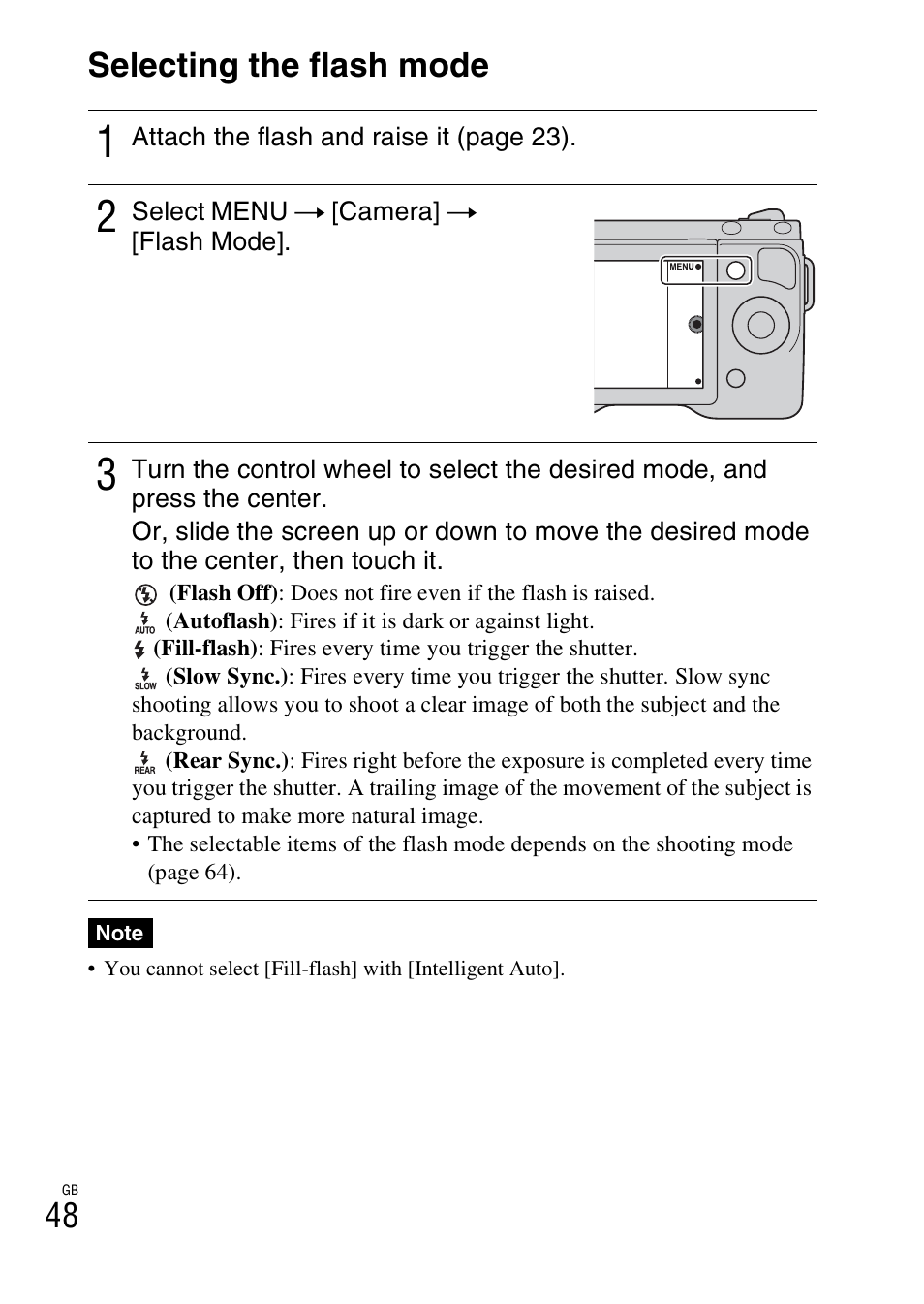 Selecting the flash mode, 48 selecting the flash mode | Sony NEX-5NK User Manual | Page 48 / 94