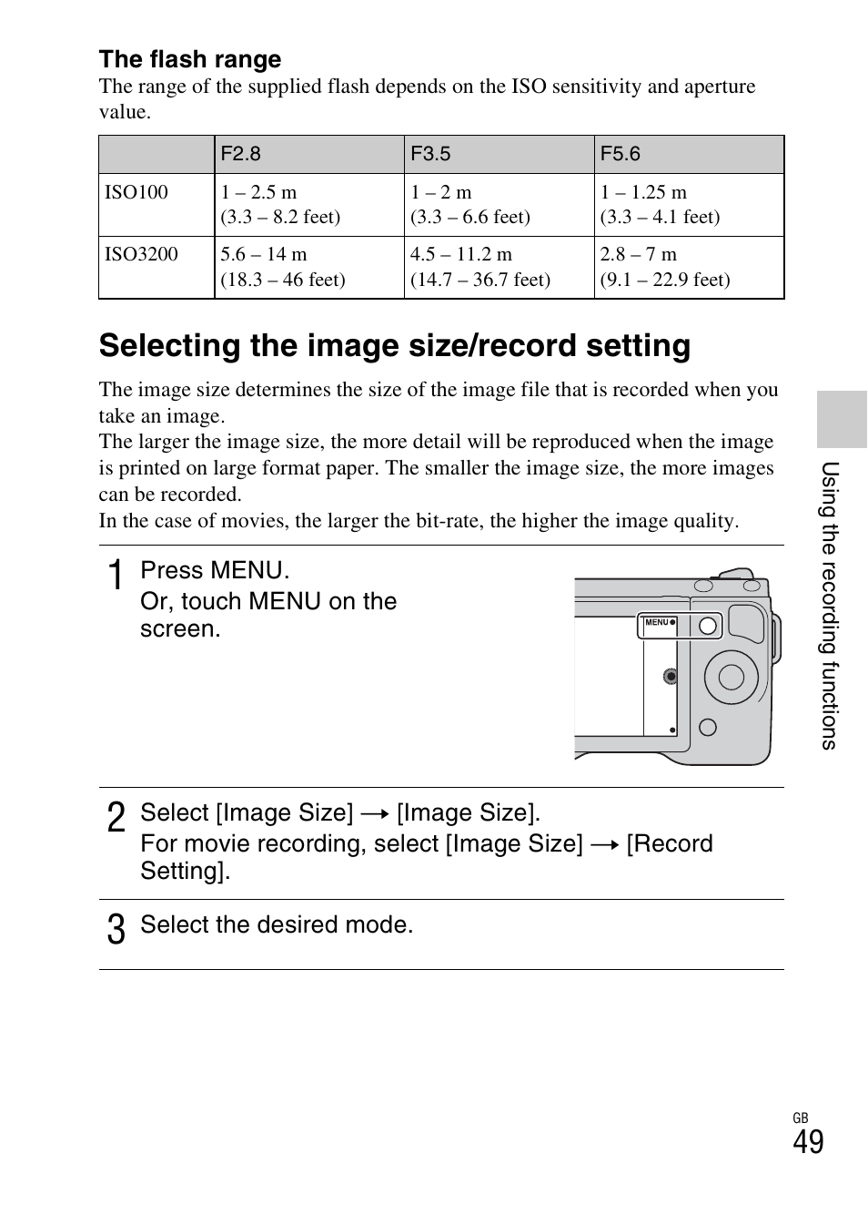 Selecting the image size/record setting | Sony NEX-5NK User Manual | Page 49 / 94