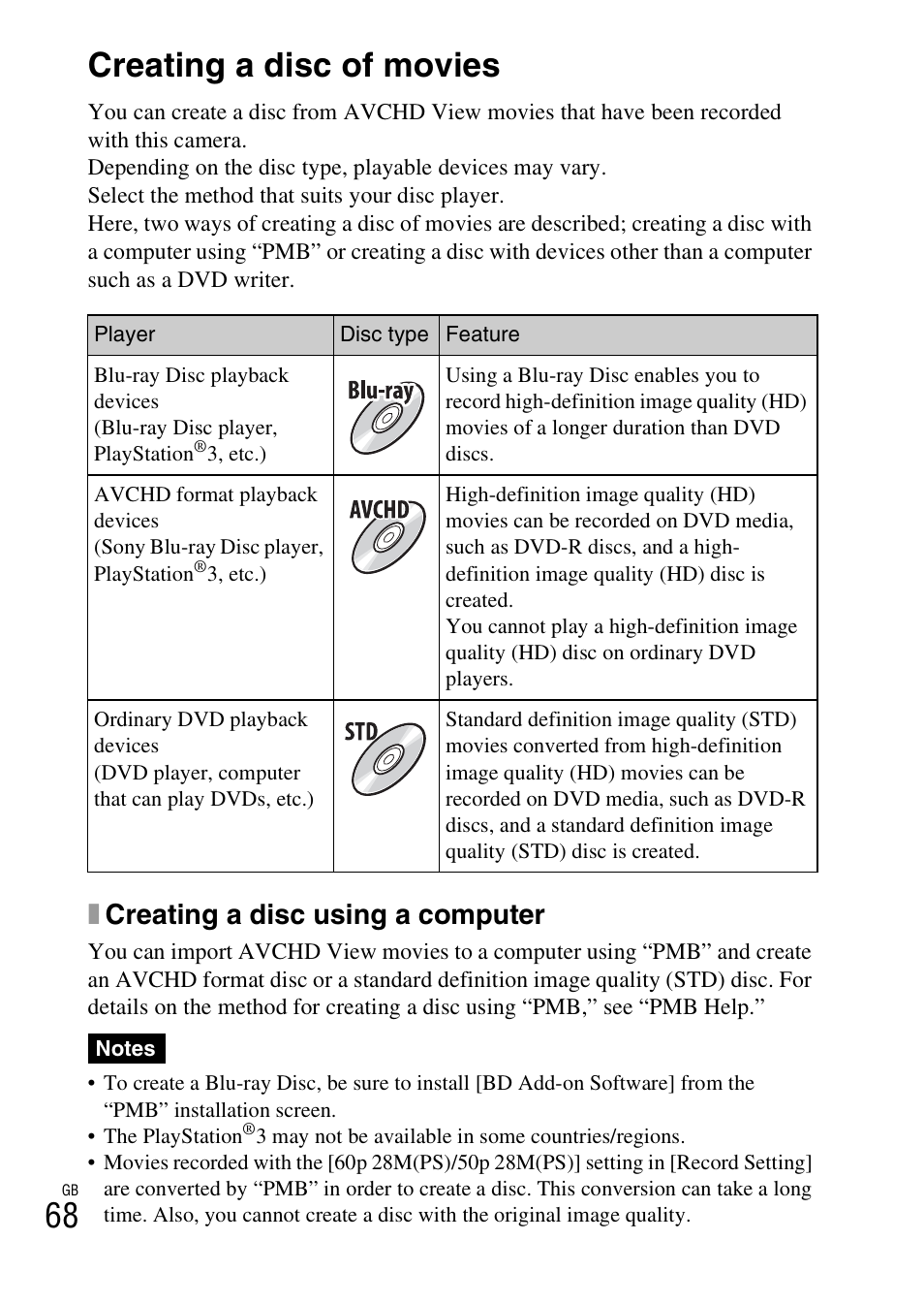 Creating a disc of movies, 68 creating a disc of movies, Xcreating a disc using a computer | Sony NEX-5NK User Manual | Page 68 / 94