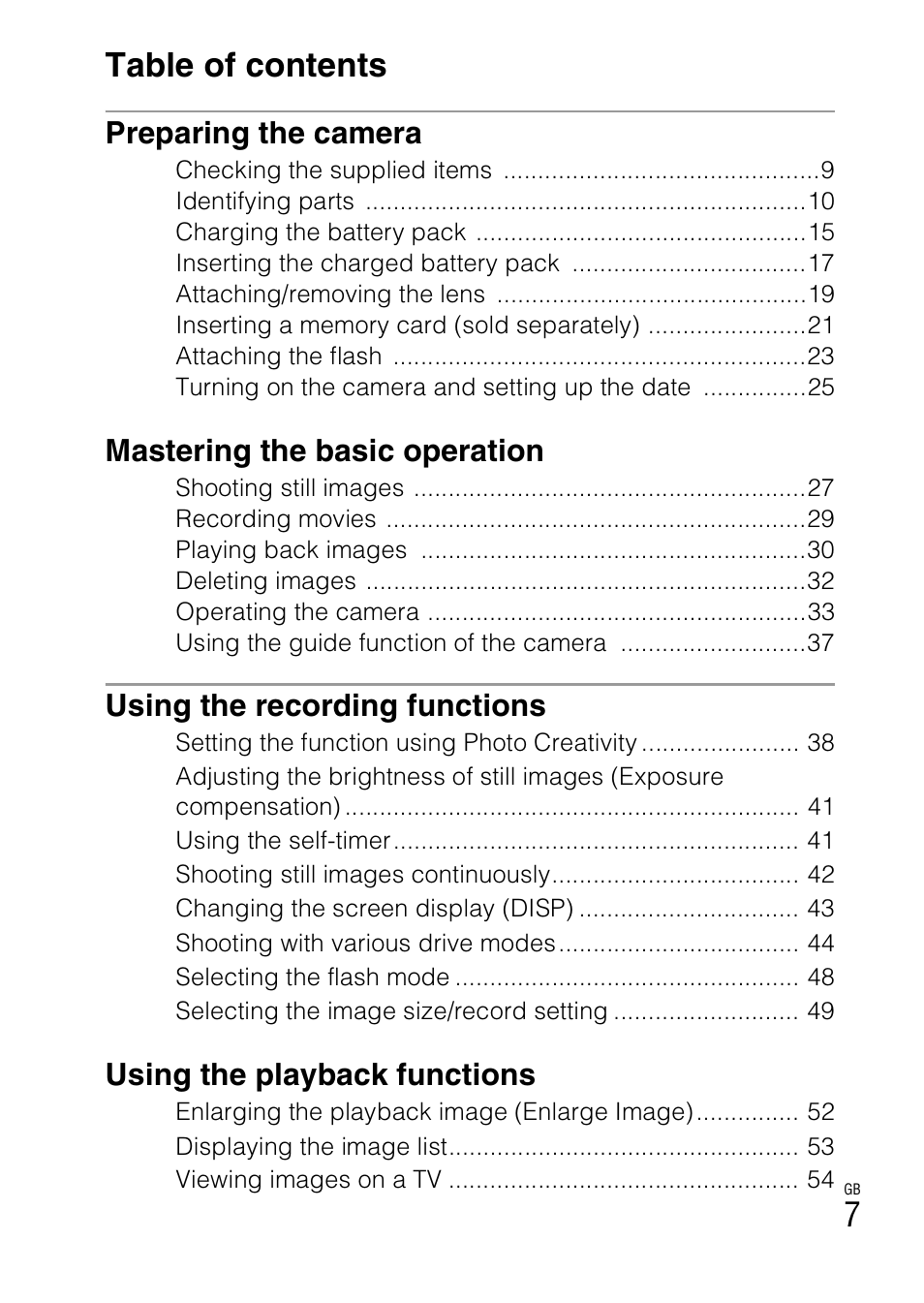 7table of contents, Preparing the camera, Mastering the basic operation | Using the recording functions, Using the playback functions | Sony NEX-5NK User Manual | Page 7 / 94