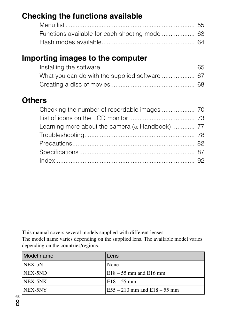 Checking the functions available, Importing images to the computer, Others | Sony NEX-5NK User Manual | Page 8 / 94
