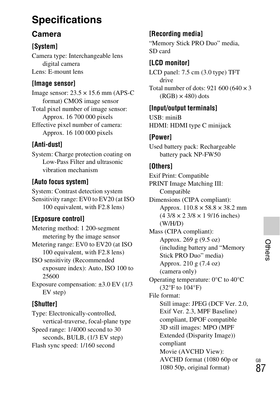 Specifications, Camera | Sony NEX-5NK User Manual | Page 87 / 94