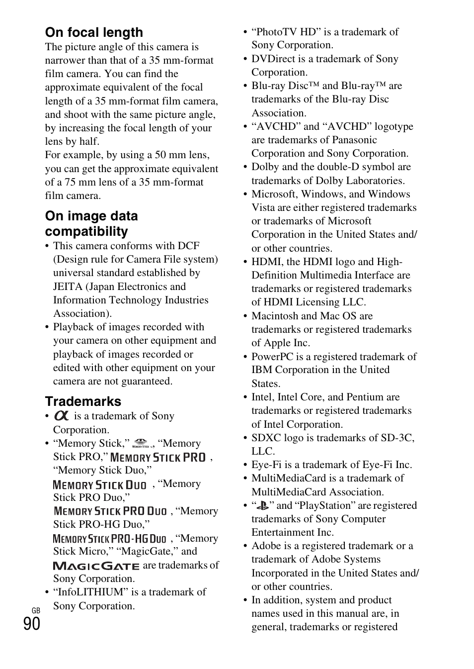 On focal length, On image data compatibility, Trademarks | Sony NEX-5NK User Manual | Page 90 / 94