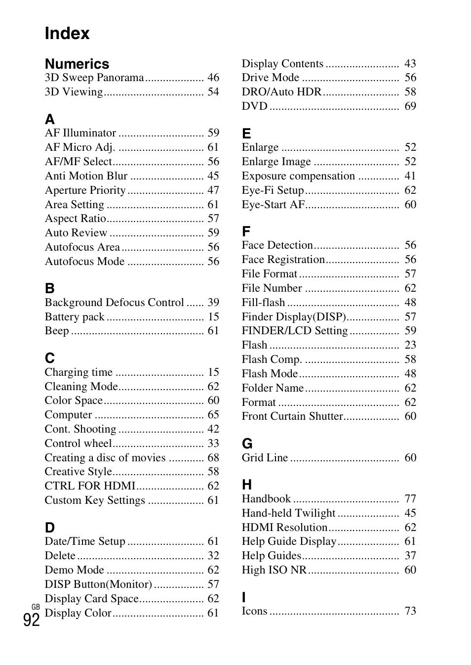 Index, 92 index | Sony NEX-5NK User Manual | Page 92 / 94