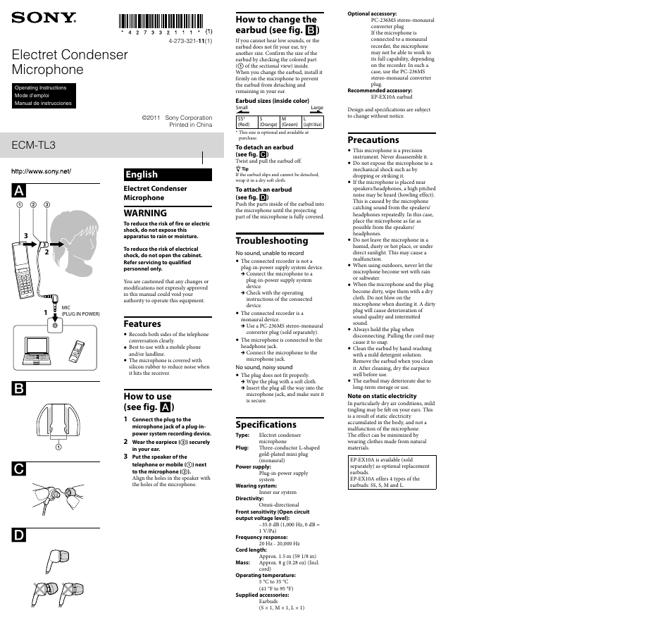 Sony ECM-TL3 User Manual | 2 pages