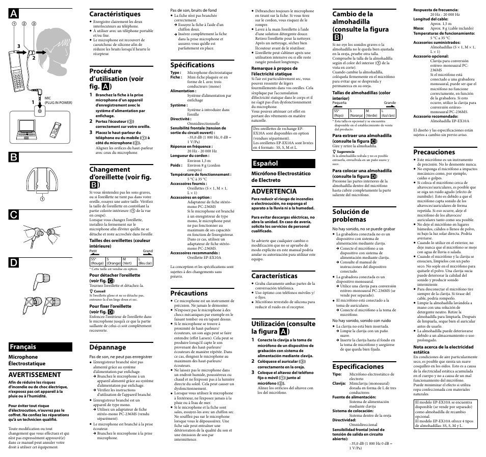 Spécifications, Précautions, Español | Advertencia, Características, Utilización (consulte la figura  ), Caractéristiques, Procédure d’utilisation (voir fig.  ), Changement d’oreillette (voir fig.  ), Dépannage | Sony ECM-TL3 User Manual | Page 2 / 2