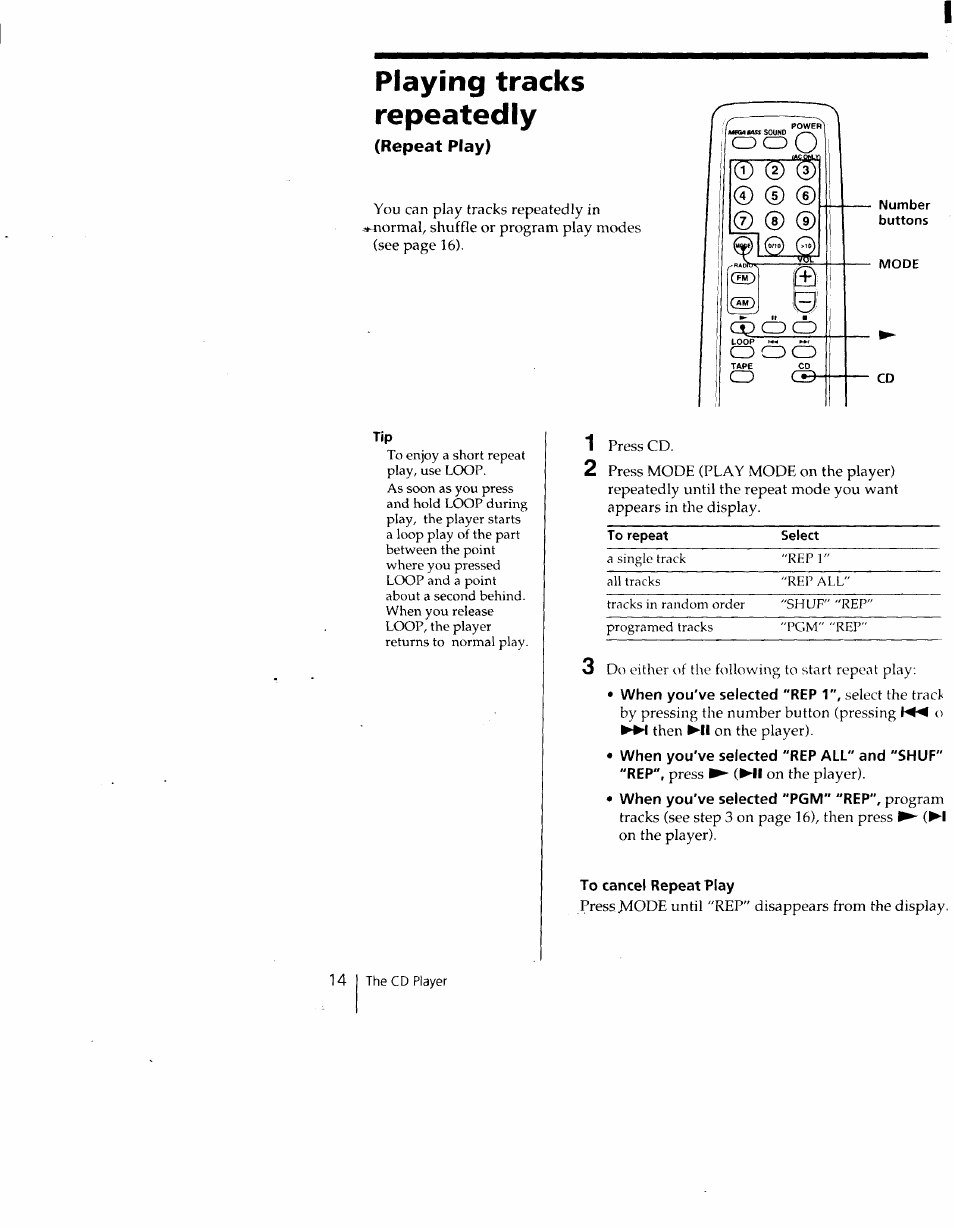 Playing tracks repeatedly, Repeat play), To cancel repeat play | Sony CFD-V35 User Manual | Page 14 / 26