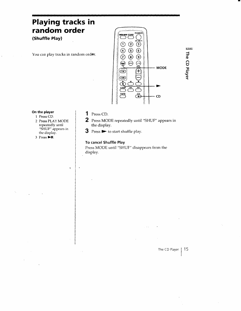 Playing tracks in random order, Shuffle play), To cancel shuffle play | Sony CFD-V35 User Manual | Page 15 / 26