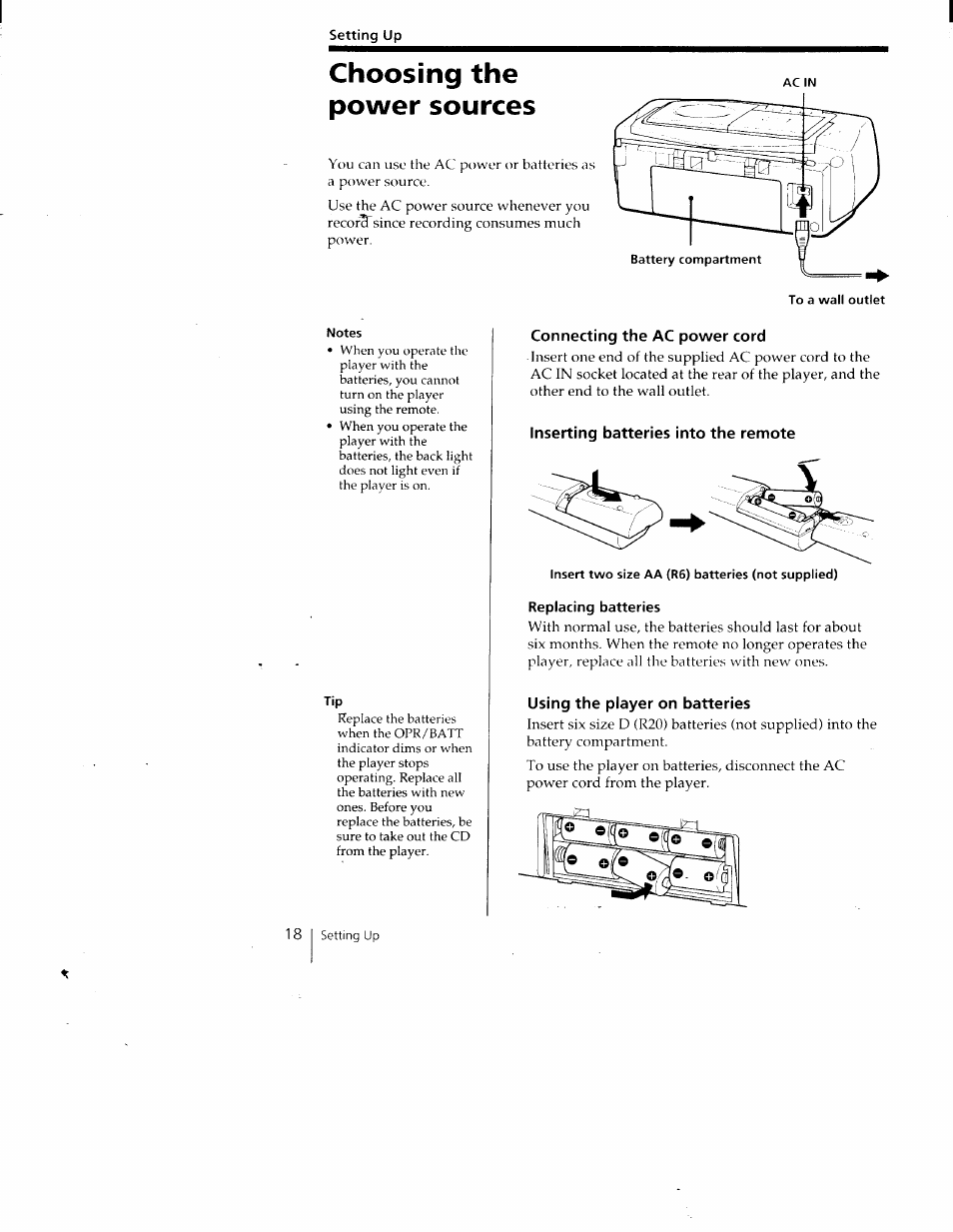 Setting up, Choosing the power sources, Connecting the ac power cord | Inserting batteries into the remote, Insert two size aa (r6) batteries (not supplied), Replacing batteries, Using the player on batteries | Sony CFD-V35 User Manual | Page 18 / 26